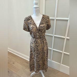Tan Print Midi Wrap Dress
